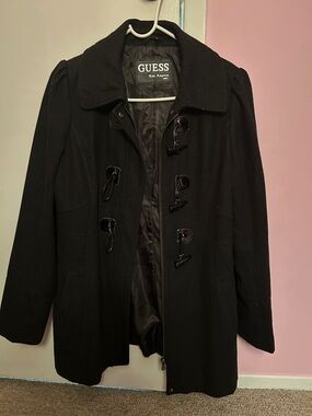 GUESS Black Wool-Blend Toggle Pea Coat